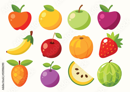 Fruit Vector Icon Set , There are Fruit Icons of Apple, Orange, Pineapple, Mango, strawberry, Blueberry, Watermelon, Banana and More.