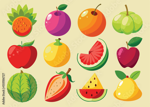 Fruit Vector Icon Set , There are Fruit Icons of Apple, Orange, Pineapple, Mango, strawberry, Blueberry, Watermelon, Banana and More.