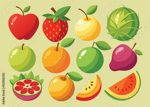 Fruit Vector Icon Set , There are Fruit Icons of Apple, Orange, Pineapple, Mango, strawberry, Blueberry, Watermelon, Banana and More.