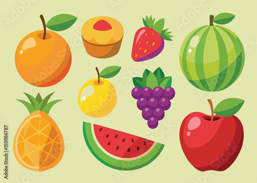 Fruit Vector Icon Set , There are Fruit Icons of Apple, Orange, Pineapple, Mango, strawberry, Blueberry, Watermelon, Banana and More.