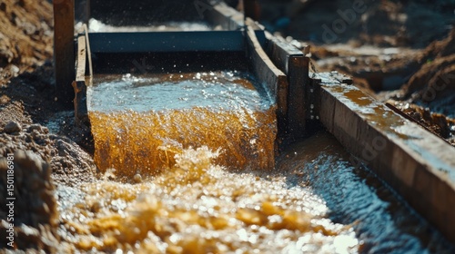 handmade gold sluice in action, village miner at work, rural gold mining scene, rustic outdoor backdrop, premium minimalist composition