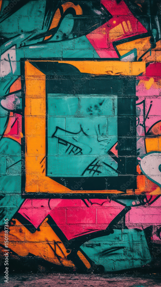 Obraz premium Urban Canvas of Color: A close-up of a vibrant street art mural showcases the raw energy and bold creativity of urban expression.