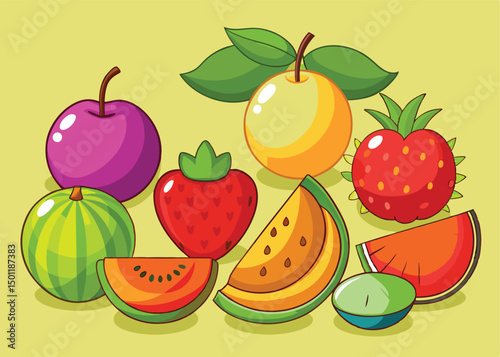 Fruit Vector Icon Set , There are Fruit Icons of Apple, Orange, Pineapple, Mango, strawberry, Blueberry, Watermelon, Banana and More.