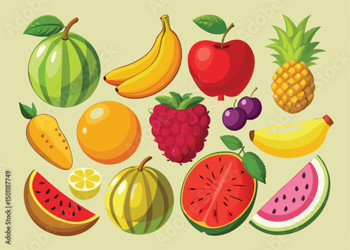 Fruit Vector Icon Set , There are Fruit Icons of Apple, Orange, Pineapple, Mango, strawberry, Blueberry, Watermelon, Banana and More.