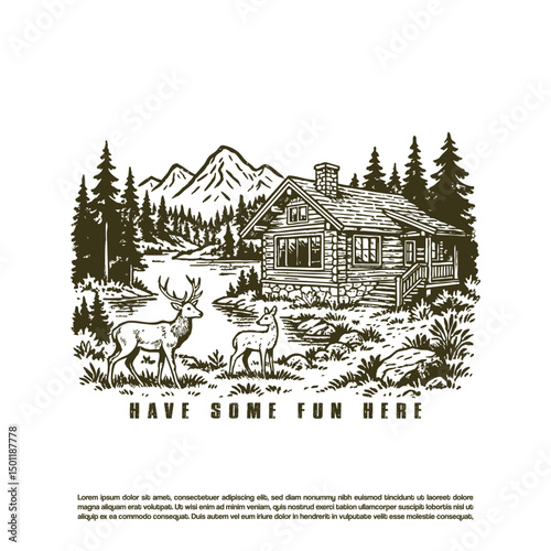 Vintage retro hand drawn old wooden cabin with deer in front of building, forest landscape vector