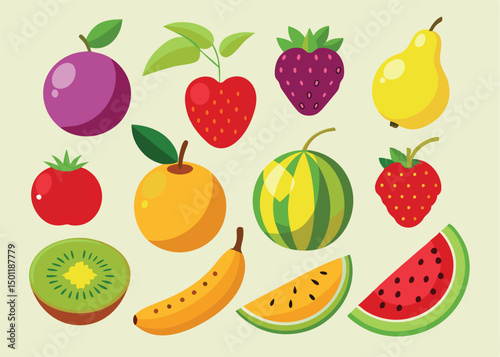Fruit Vector Icon Set , There are Fruit Icons of Apple, Orange, Pineapple, Mango, strawberry, Blueberry, Watermelon, Banana and More.