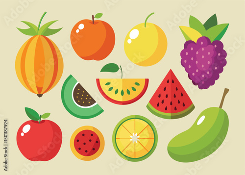 Fruit Vector Icon Set , There are Fruit Icons of Apple, Orange, Pineapple, Mango, strawberry, Blueberry, Watermelon, Banana and More.