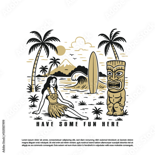 Hand drawn exotic Hawaii beach with girls dancer, tiki statue and seashore 