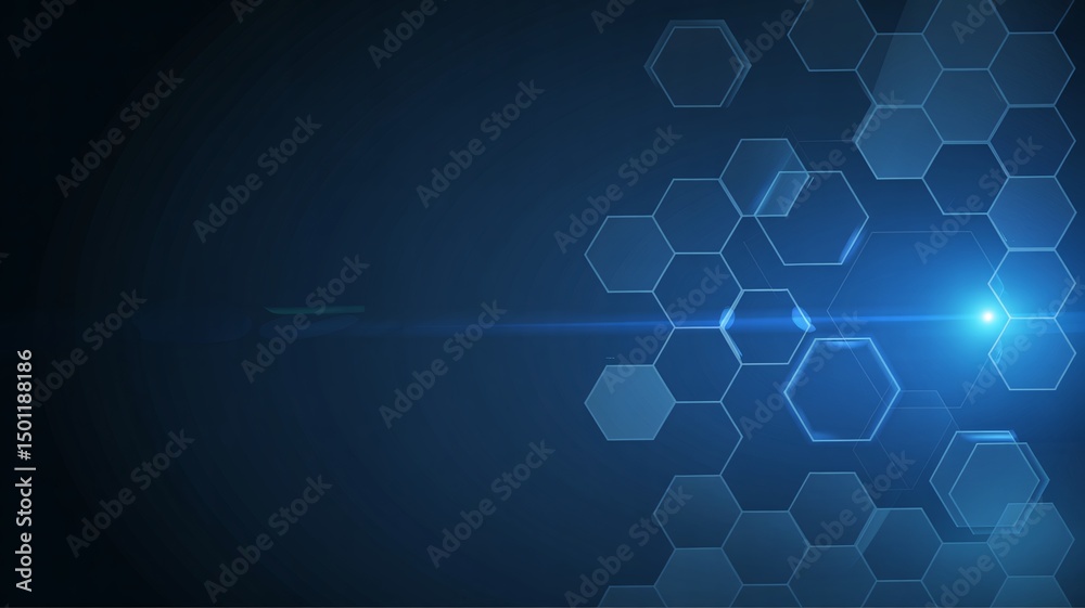 Fototapeta premium Abstract blue background with glowing hexagons creating a modern tech-inspired design.