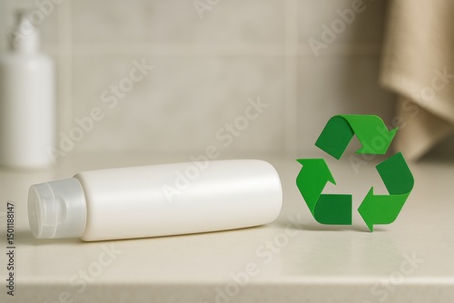 Distinct recyclable bathroom bottle on countertop with recycling symbol nearby