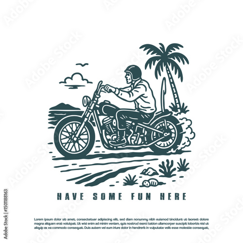 Vintage hand drawn motorcycle chopper travel in beach paradise vector illustration