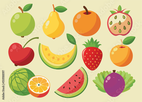 Fruit Vector Icon Set , There are Fruit Icons of Apple, Orange, Pineapple, Mango, strawberry, Blueberry, Watermelon, Banana and More.