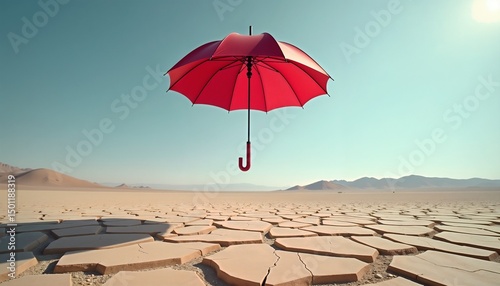 Single vibrant red umbrella floating hopefully over cracked dry desert landscape