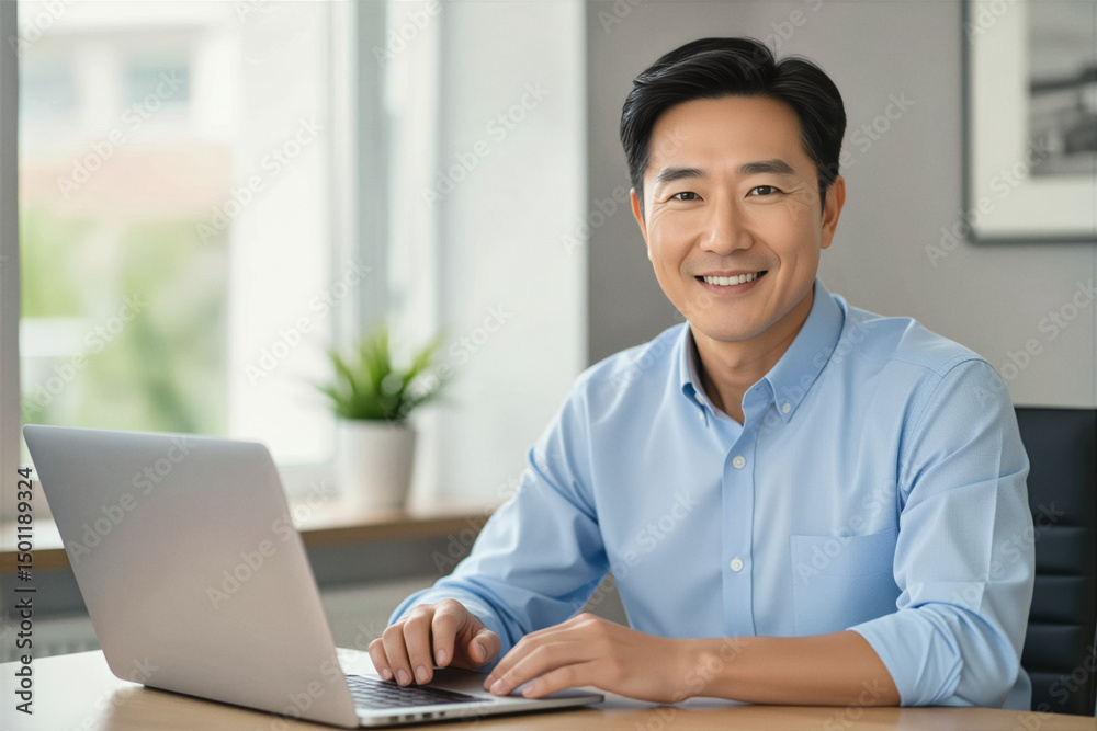 A smiling Asian man in a light blue shirt sits at a desk, typing on a laptop and looking directly at the camera. A smiling Asian man in a light blue shirt sits at a desk, typing on a laptop and looking directly at the camera.