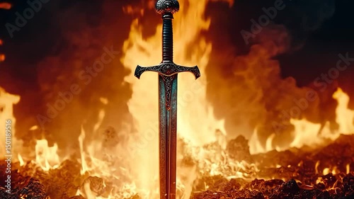 Epic Sword Forged in Fiery Furnace: Symbol of Power and Eternal Conflict
