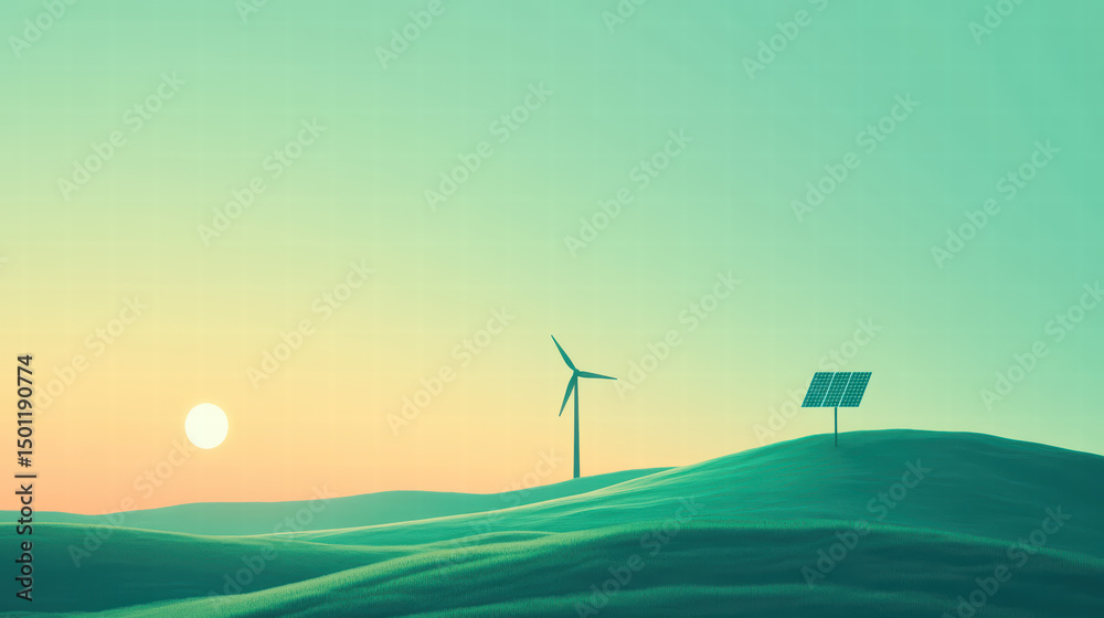 Obraz premium Renewable Energy Sunset: A minimalist landscape showcases a serene sunset, highlighting a wind turbine and a solar panel on gentle hills, promoting sustainability and eco-friendly energy sources.
