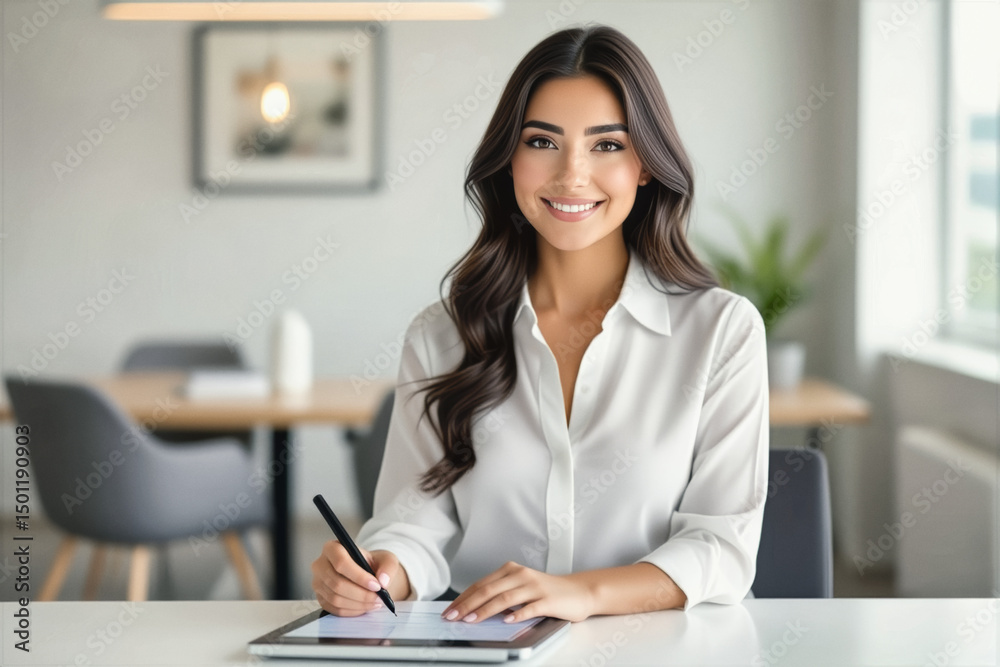 © f_bossa - A smiling young woman with long brown hair sits at a desk, writing with a pen while looking directly at the camera.