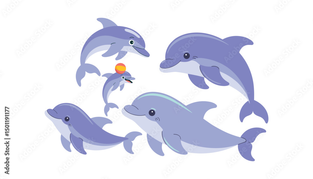 Obraz premium Cute cartoon dolphin collection. Flat vector illustration set of realistic dolphins jumping