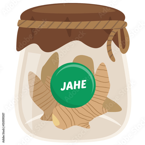 Artistic Representation of Ginger Root Jar with Label in a Transparent Container
