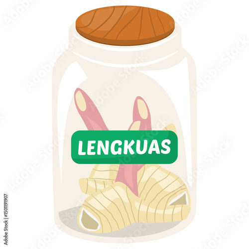 A Colorful Illustration of a Jar Containing Sliced Lengkuas Root in an Artistic Style