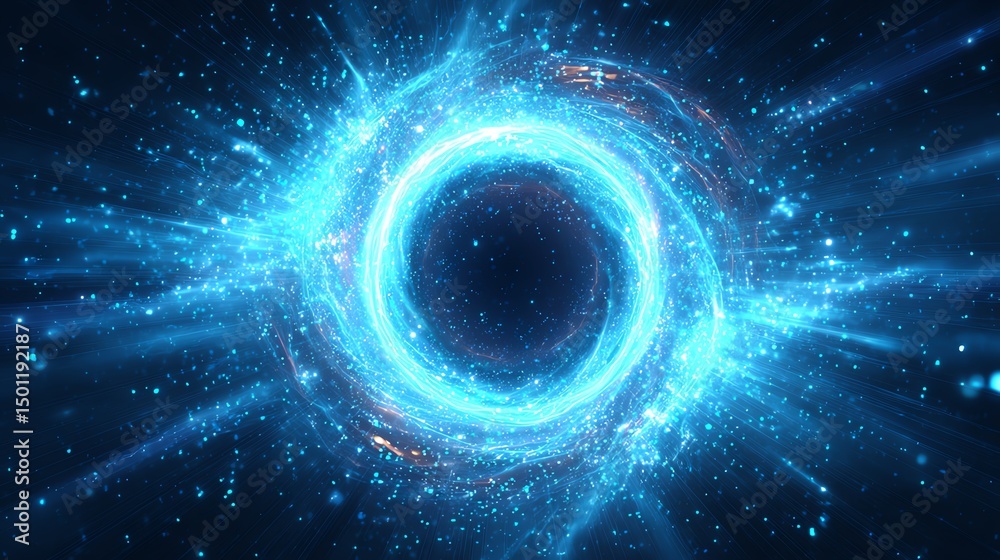 Obraz premium a glowing blue wormhole in deep space, energy swirling and radiating light beams, realistic sci-fi illustration, cosmic energy explosion