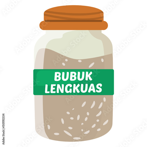 Illustration of a Jar of Bubuk Lengkuas with a Green Label and Brown Lid Depicting Culinary Ingredients photo
