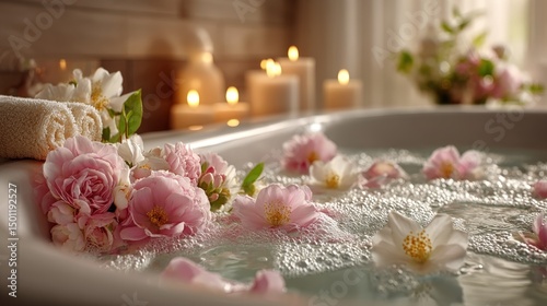 Fototapeta Naklejka Na Ścianę i Meble -  Relaxing sandalwood bath with floating petals and calming candlelight for tranquility
