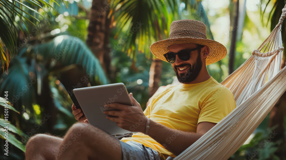 Fototapeta premium Man Relaxing with Tablet in Hammock: A man, lounging in a hammock amidst a lush tropical setting, enjoys a tablet in relaxed tranquility