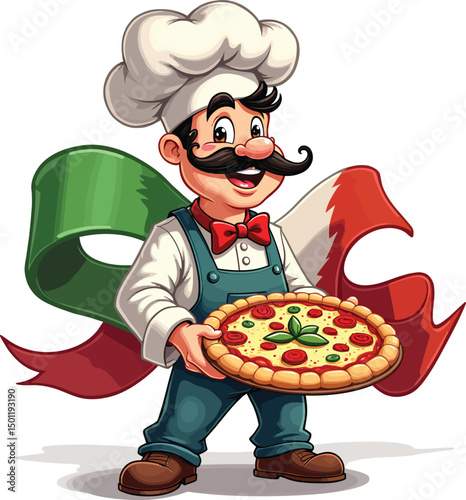 Italian chef pizza illustration: cartoon character holding fresh baked pizza with italian flag background