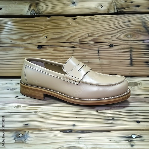 Elegant beige leather loafer shoe product shot on rustic wooden surface
