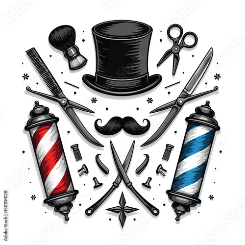 Vintage barber shop tools illustration vector design for barbershop logo and poster template