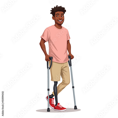 Illustration of a man with prosthetic leg using crutches for mobility and support vector image design
