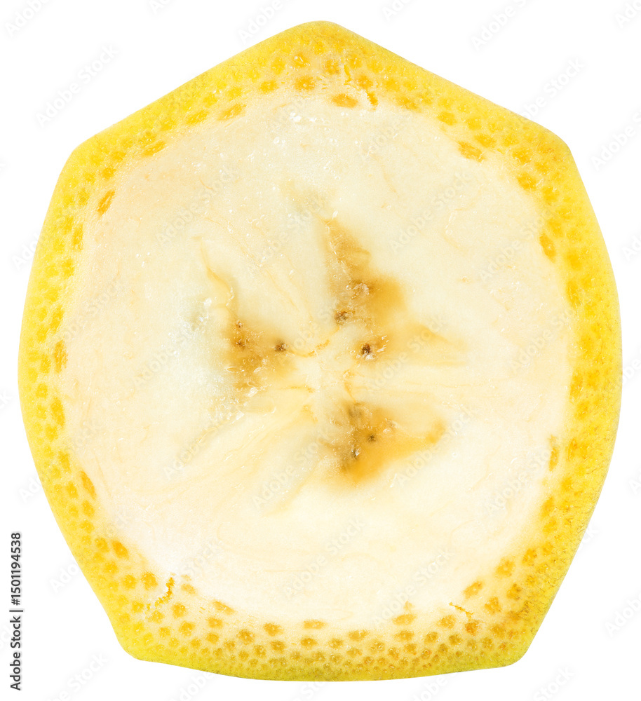 Fototapeta premium Banana slice isolated png. Sliced banana on white or transparent background. Cut banana no background. Round slice top view. Full depth of field. Transparent png.