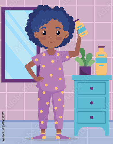 Child in pajamas holding shampoo bottle