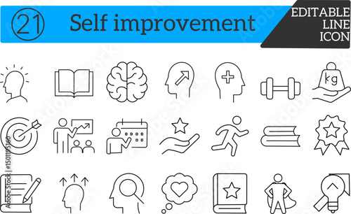 Self-Improvement and productivity Icons – Linear vector pack representing skills development, habits, goals, personal success tools and more.