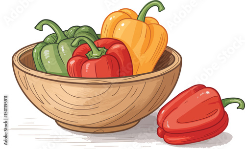 Capsicum vector design, Capsicum in wooden bowl in white background vector design