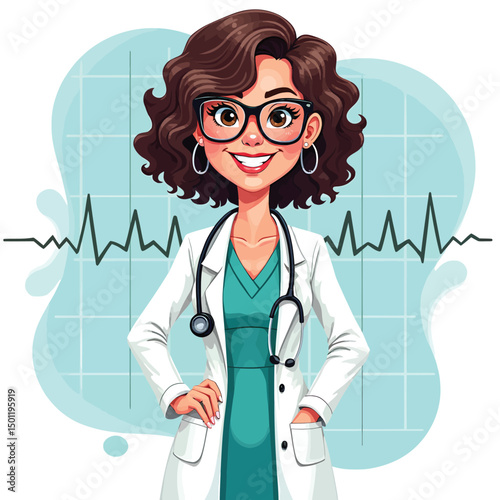 Cartoon doctor illustration female doctor with stethoscope medical professional healthcare worker drawing art