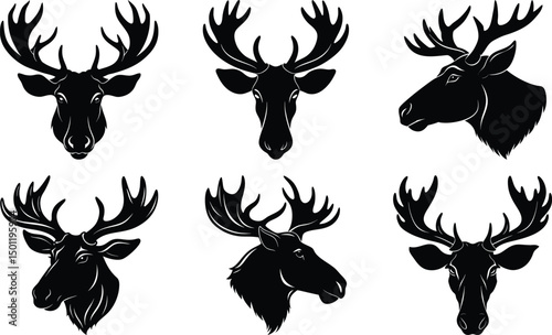 Moose Head Silhouette Collection in Unique Styles, ideal for hunting or outdoor themes