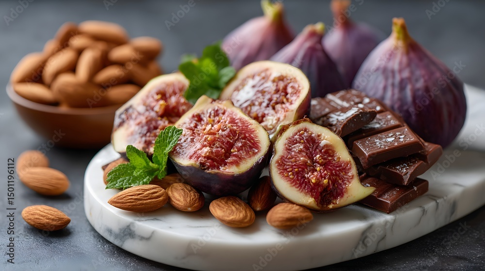 Delicious platter with fresh figs, almonds, and chocolate served on a white marble board. A healthy and tasty snack, perfect for any occasion. Delicious platter with fresh figs, almonds, and chocolate served on a white marble board. A healthy and tasty snack, perfect for any occasion.