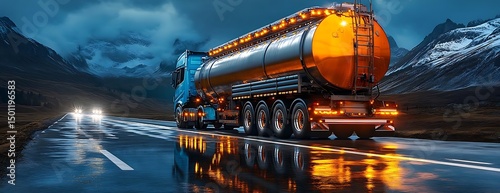 Tanker truck night drive, mountain road
