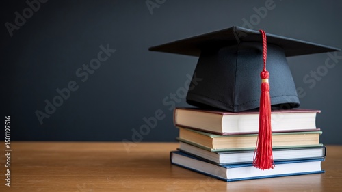 A black graduation cap on top of colorful stacked books, symbolizing education and achievement. photo