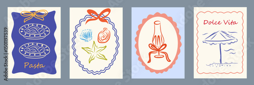 Summer Italy la dolce vita vintage posters. Amalfi or Sicily of postage stamps with image of Italian Mediterranean wine, pasta, beach, shells, wall decor. Vector illustration ink doodle sketch style.