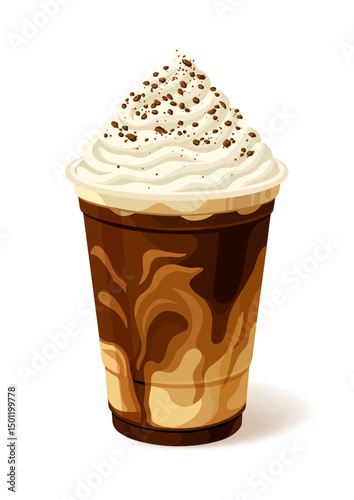 Coffee latte frappe vector illustration with creamy blended drink in plastic cup and straw isolated on white background cold sweet beverage design