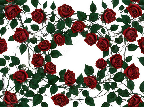 High resolution dark red climbing rose vine with vivid deep red roses sharp thorny stems and lush green foliage isolated on white background floral PNG illustration