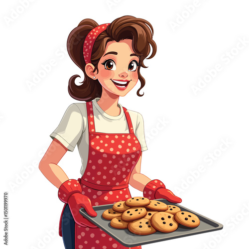 Baking cookies woman cartoon illustration happy baker holding tray of fresh homemade chocolate chip cookies