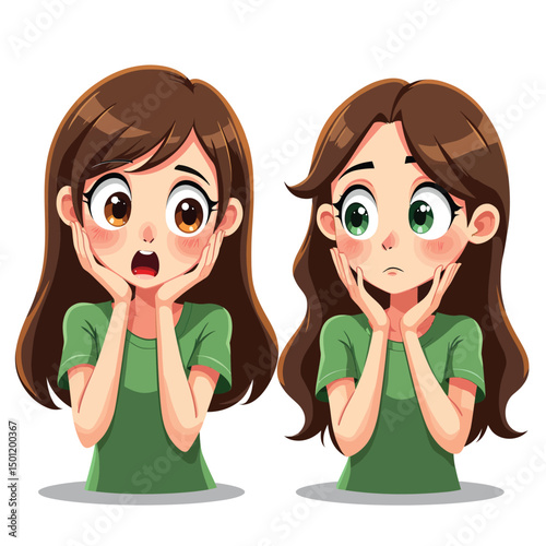 Cartoon girl character design illustration vector art brown hair green shirt surprised and confused expressions art