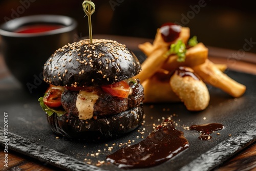 premium burger setup, matte black bun with gourmet fillings, high-end food styling, minimalist dark theme, negative space