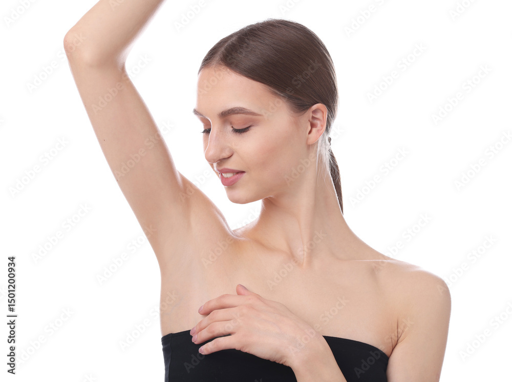 Young woman showing smooth skin after epilation on white background Young woman showing smooth skin after epilation on white background
