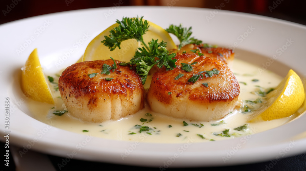 Seared scallop dish with creamy sauce, lemon wedges, and fresh parsley garnish served on white plate, delicious seafood meal Seared scallop dish with creamy sauce, lemon wedges, and fresh parsley garnish served on white plate, delicious seafood meal