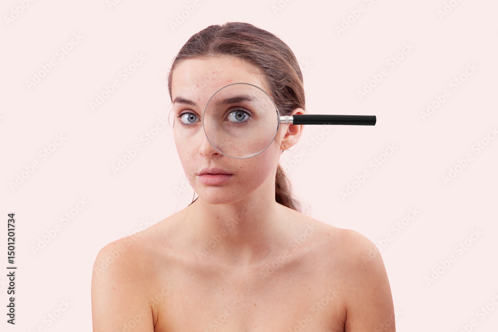 Fototapeta premium Woman portrait with no makeup, her eye examined under a magnifying glass. Authentic female face with real skin, acne, and blemishes before skincare or beauty treatment, isolated on a pink background